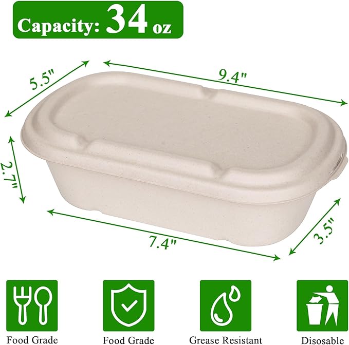 50-pack 34 oz Disposable Food Containers with Lids, Sugarcane Pulp Take Out Containers, Compostable To-Go Microwave Safe Lunch Box for Meal Prep, Salad, Pasta, Nacho, Burrito