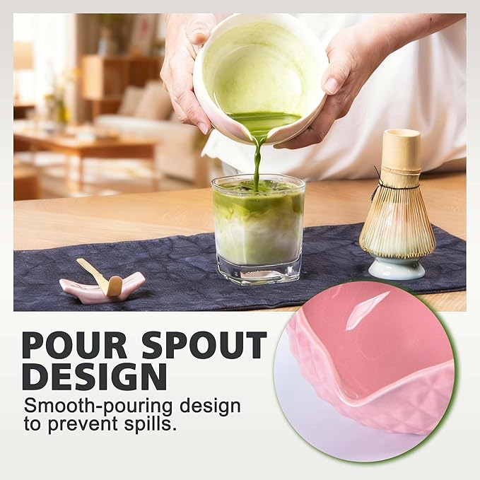 Matcha Whisk Bowl Set, 7PCS All-in-One Japanese Tea Set Includes Matcha Bowl with Spout, Bamboo Whisk (Chasen) with Stand, Scoop, Sifter, Complete Kit for Ceremony, Gift for Matcha Tea Lovers（Pink)