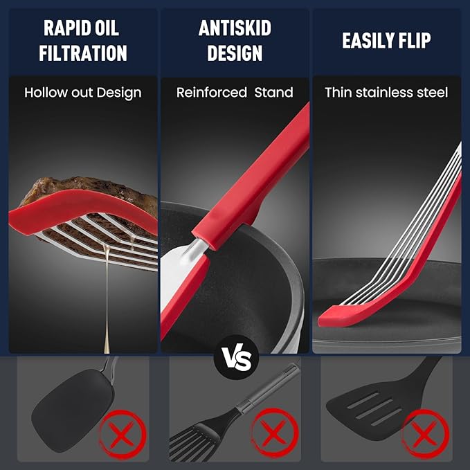 Silicone Fish Spatula Turner Set of 2,2-in-1 Heat Resistant Silicone Slotted Fish Spatulas for Nonstick Cookware,Flexible Thin Stainless Steel Slotted Fish Turner Spatula Flipper for Fish,Egg,Pancake