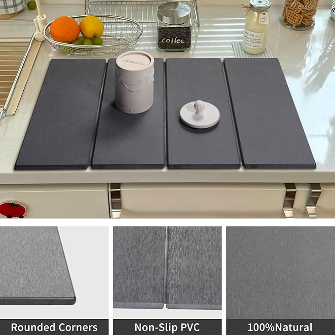 Stone Dish Drying Mat, Large Absorbent Diatomaceous Earth Drying Mat for Kitchen Counter, Foldable Fast Drying Non-Slip Bath Mat, Protects Countertops from Water & Stains (Grey)