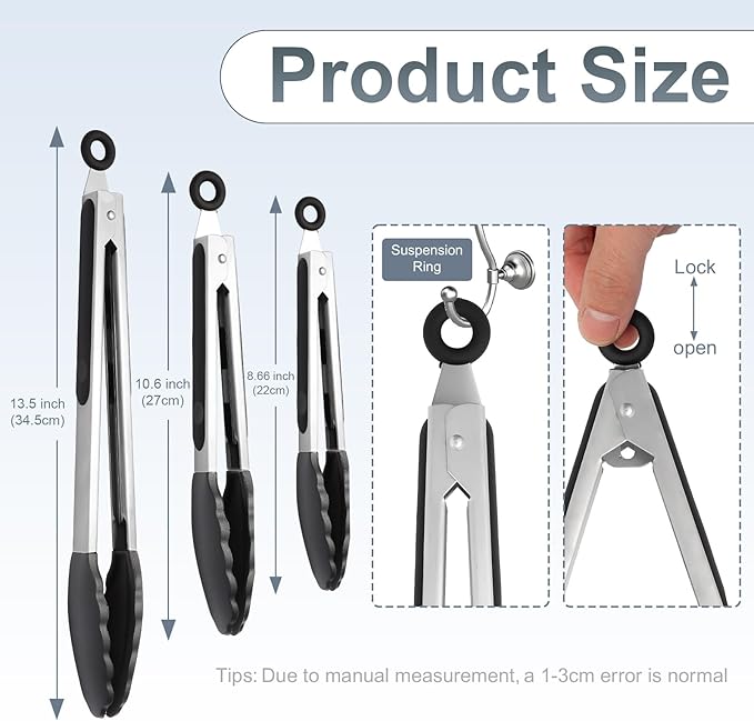 Premium Stainless Steel Heat Resistant Kitchen Tongs for cooking,set of 7"+9"+12" (Black),Non Scratch Silicone cooking Tong Tip for Cooking Pans,Strong Grip BBQ tongs for Grabbing Hot Food