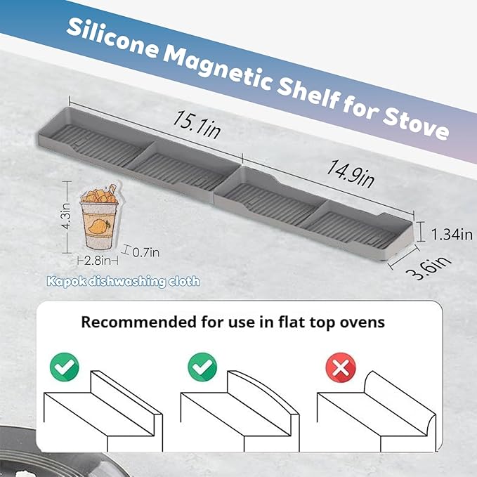 30 Inch Magnetic Silicone Stove Top Shelf,Heat Resistant Over The Stove Spice Rack for Kitchen,Space Saving Organizer Back of Stove,Includes 6 Additional Sticky Boards(Light Grey,30''x3.8'')