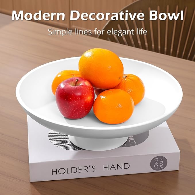Large Decorative Bowl for Home Decor, Large Fruit Bowl for Kitchen Counter, Key Bowl for Entryway Table (White, Pedestal)