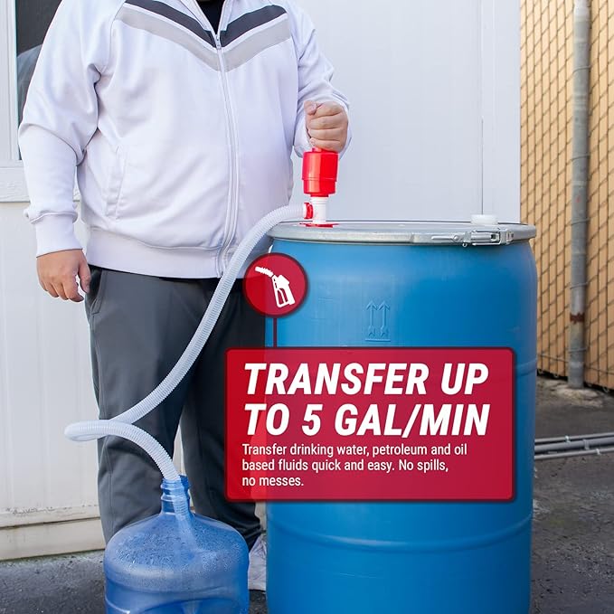 TERA PUMP Manual Hand-Operated Siphon Quick Liquid Transfer Drum Barrel Pump For Emergency Drinking Water (Food Grade BPA Free) Fits 55 Gallon Drums