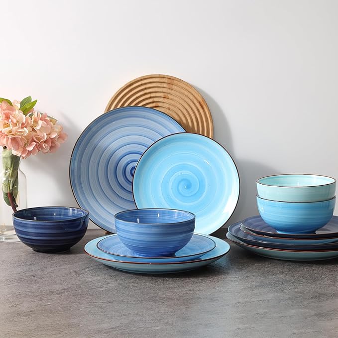 Selamica Ceramic 16-Pieces Dinnerware Set, Ceramic Dishes Set for 4, Kitchen Plates and Bowls Sets, Dinner Plates Set, Spray Black Dots, Gradient Blue