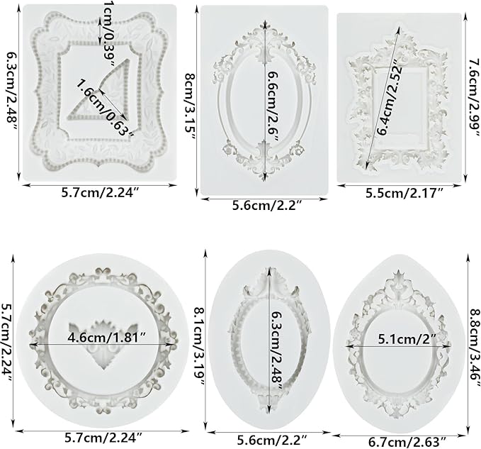Picture Frames Silicone Molds Photo Frame Fondant Mold Vintage Frame Mold Mirror Frames Chocolate Molds For Sugarcraft Cake Decoration Cupcake Topper Candy Polymer Clay Gum Paste Set of 6