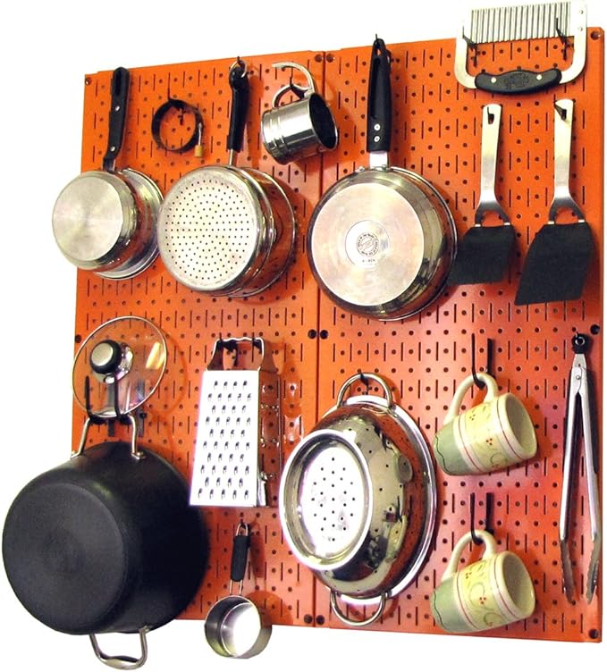 Wall Control Kitchen Pegboard Organizer Pots and Pans Storage Rack Organization Kit with Orange Pegboard and Black Accessories