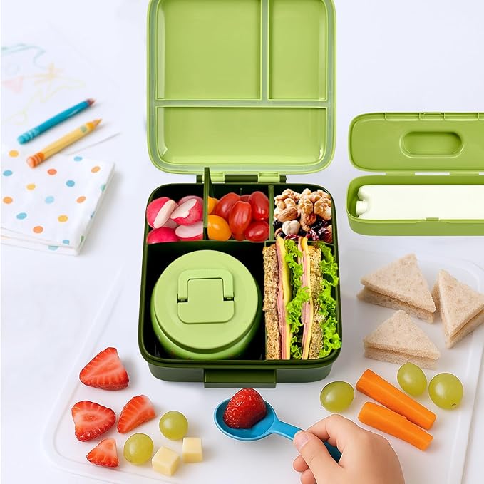 Bento Lunch Box for Kids with 8oz Soup Thermo,Leak-Proof Lunch Containers with 5 Compartment,Thermo Food Jar Food Containers for School (Green-Colorful Dinosaur)