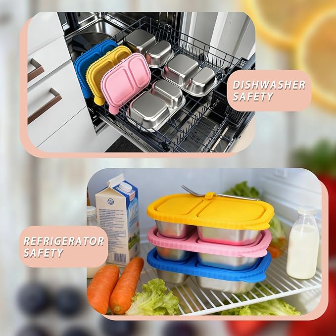Stainless Steel Snack Containers with Silicone Lids - 2 Compartment Metal Bento Lunch Box, Leak-Proof Reusable Lunch Meal Prep Containers with 2 Forks for School, Office, Travel (Blue+Yellow, 2 Pack)