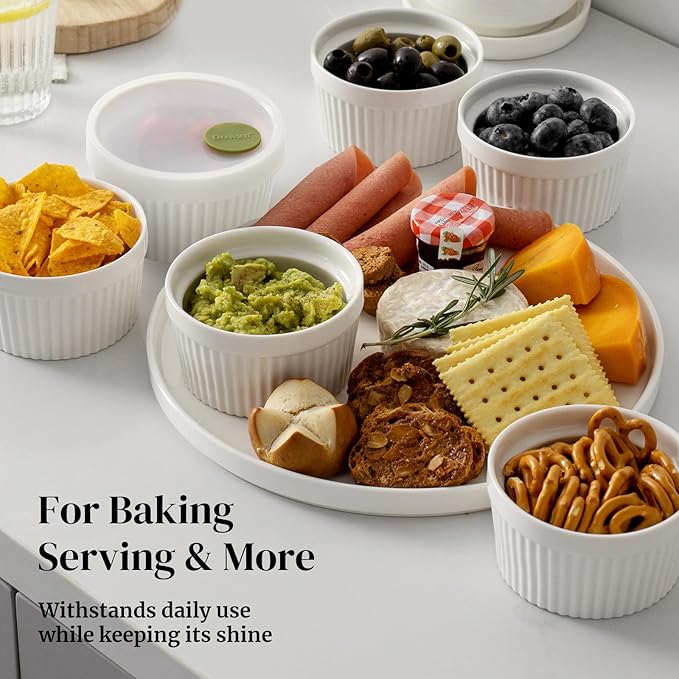 DOWAN Ramekins with lids 6 oz, Creme Brulee Ramiken Oven Safe, Ceramic Baking Bowls Souffle Dishes, Custard Cups Charcuterie Boards Bowls Dipping Sauces, Set of 6, White