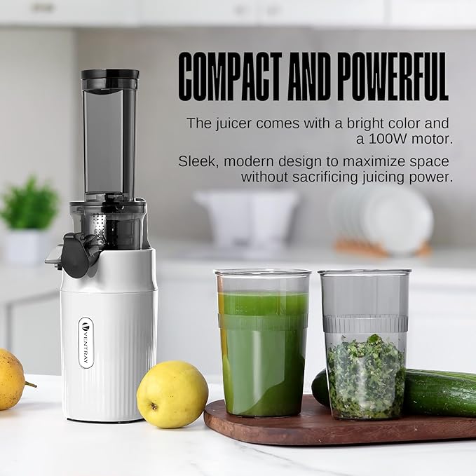 Ventray Ginnie Mini Cold Press Juicer, Small Slow Masticating Juicer for Vegetables and Fruits, High Juice Yield, Easy to Clean, Space-Saving, Fit for Personal/Travel/Picnic/Office - White