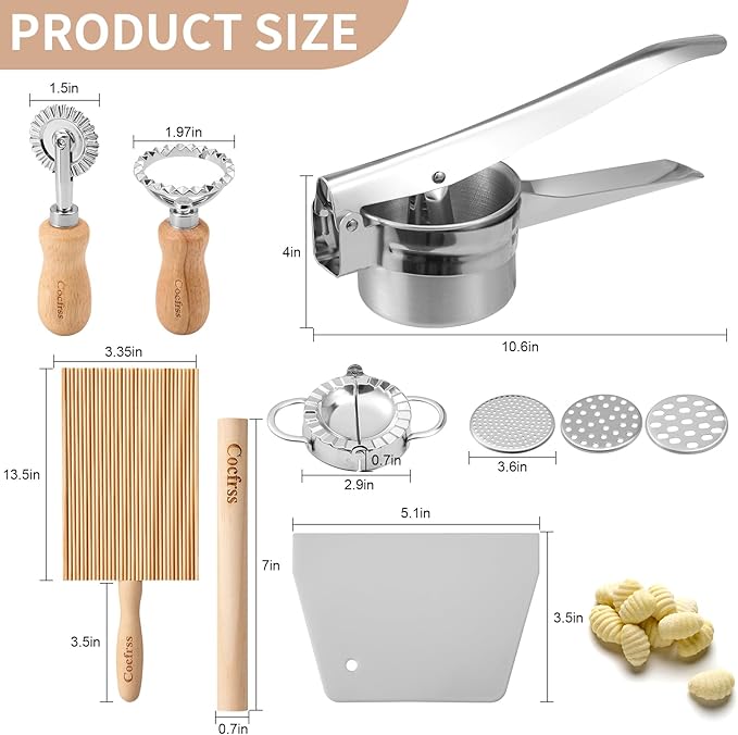 7 Pcs Potato Ricer & Gnocchi Board Kit with Dough Scraper, Ravioli Cutter, Empanada Press, Round Ravioli Mold, Ravioli Rolling Pin, Stainless Steel Ricer for Mashed Potatoes