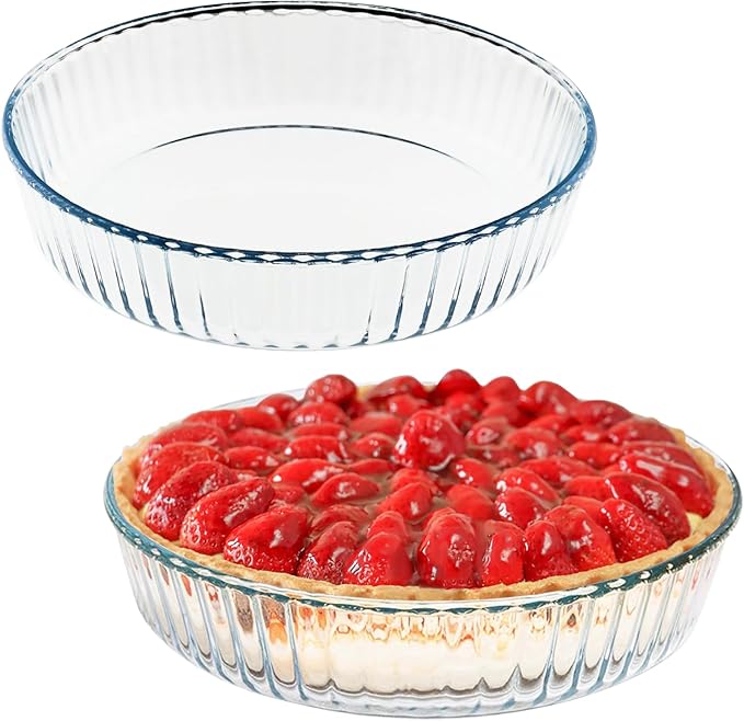 10 Inch Round Pie Plate Glass Pie Pan for Baking Deep Round Pie Plate Dish Great For Apple, Pumpkin, Holiday Pies,Oven Safe Tray (2)