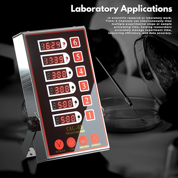 Commercial Kitchen Timer with 6 Channels, Professional LED Digital Timer for Cooking, Loud Alarm Volume +/-, Heavy Duty Stainless Steel Large Timers with Waterproof Panel & Memory Function