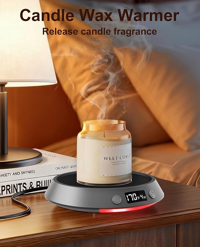 Kepwam Coffee Mug Warmer - 50W Electric Coffee Warmer for Desk 3 Temp Settings & 2-9 Timer Smart Cup Warmer for Desk Candle Warmer Plate with LED Lights Beverage Tea Milk Warmer for Home & Office