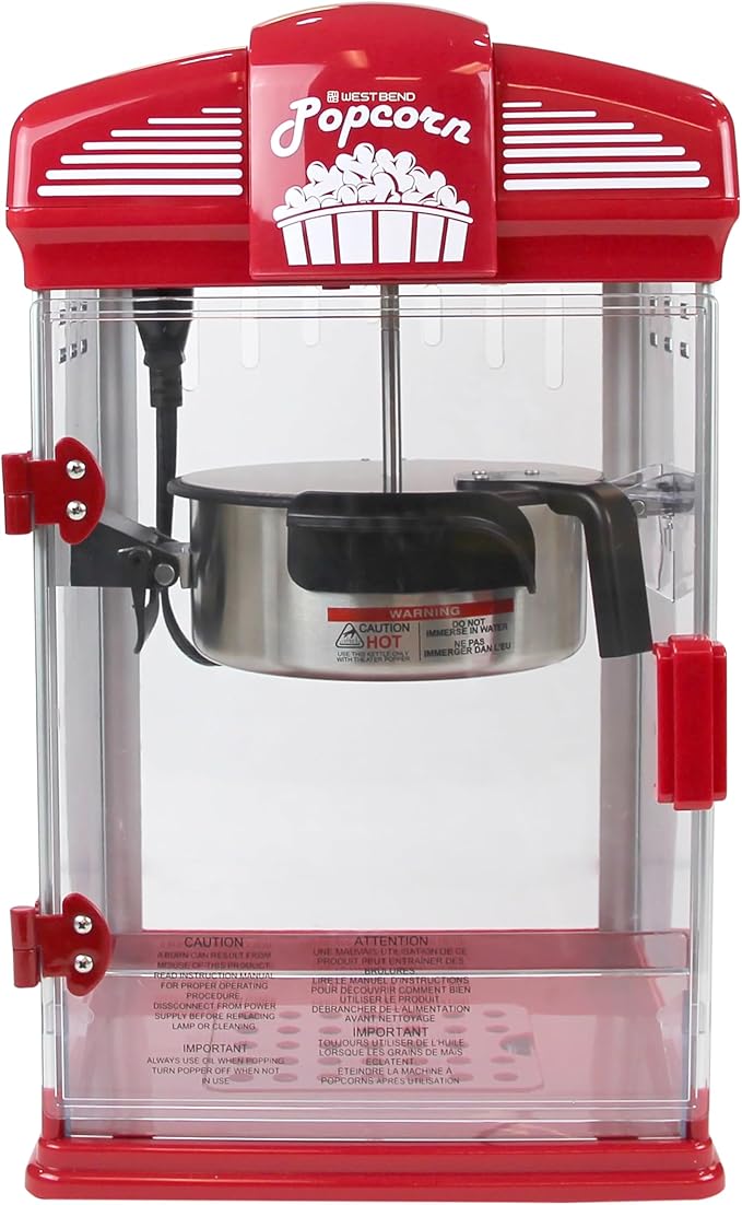 West Bend Stir Crazy Movie Theater Popcorn Popper, Gourmet Popcorn Maker Machine with Nonstick Popcorn Kettle, Measuring Tool and Popcorn Scoop for Popcorn Machine, 4-Qt., Red