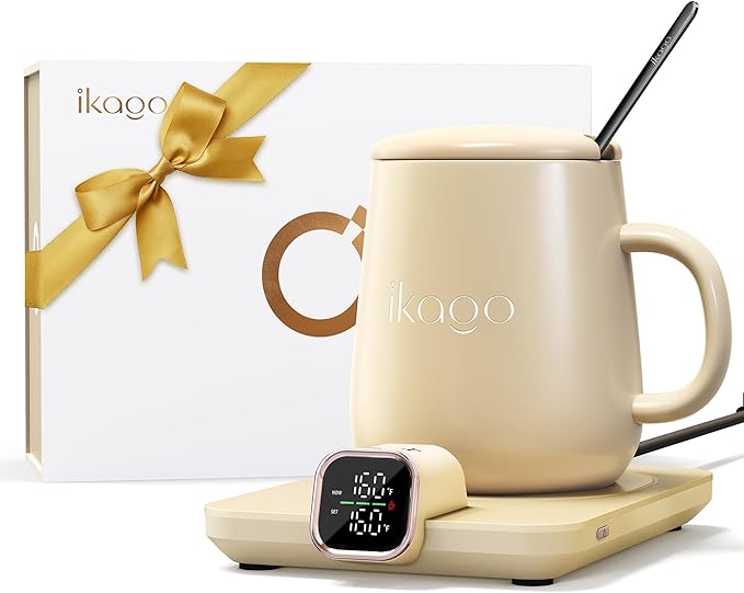 Coffee Mug Warmer & iKago Mug Set, Temperature Control Smart Heated Mug for Desk, Electric Coffee Warmer with Auto Shut Off & Real-Time Temp Display, Gifts for Men Women, 15oz Ceramic Mug