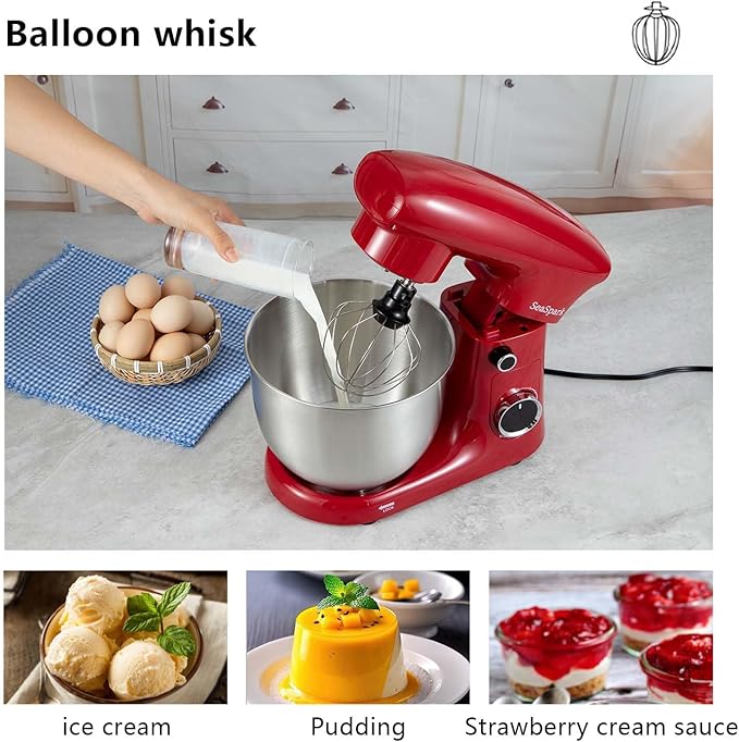Stand Mixer, 3 in 1 Stand Mixer, 5.5Qt Electric Mixer, Mixer with Stainless Dough Hook, Wire Whip & Beater, Food Mixer for Baking, Cake and Most Home Cooks, Red
