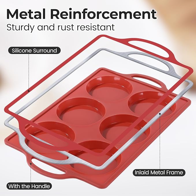 CAKETIME Metal Reinforced Frame Silicone Cupcake Pans-24 Cups 2Pcs & 4 Inch Metal Frame Round Egg Baking Pan 2Pcs