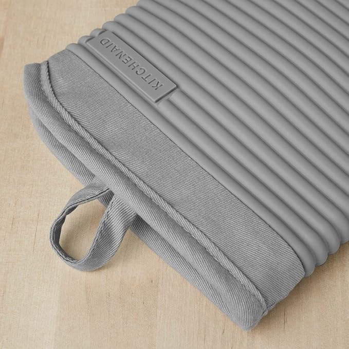 KitchenAid Ribbed Soft Silicone Oven Mitt Set, 7"x13", Grey 2 Count & Ribbed Soft Silicone Water Resistant Pot Holder Set, Grey, 2 Piece Set