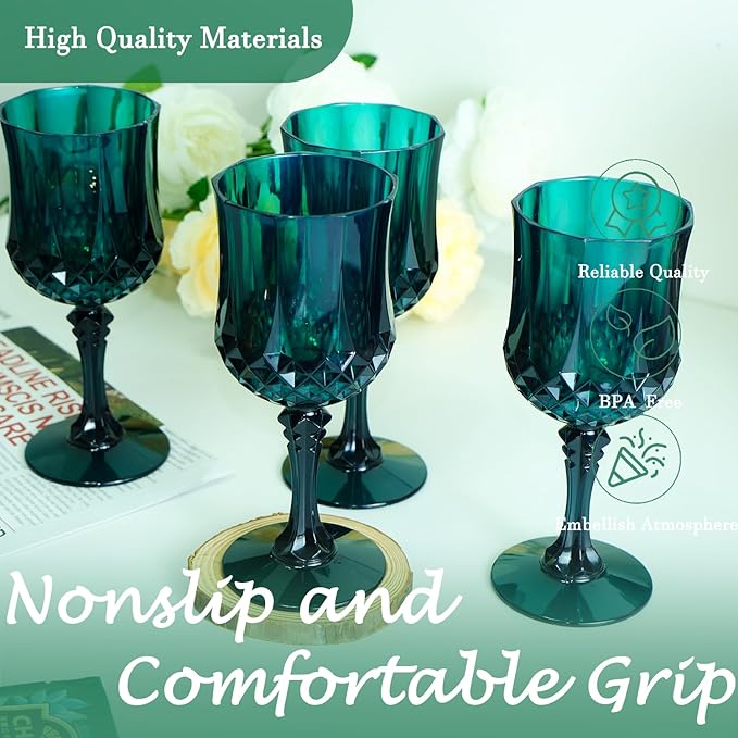 Plastic Wine Glasses, Plastic Goblets Vintage Style Cordial Unbreakable Drinking Glasses, Reusable Drinkware for Wedding Reception, Grand Event Party Supplies (48, Green)