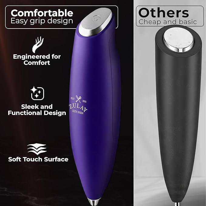 Zulay Kitchen Patented Tornado Triple Whisk Milk Frother with 4 Duracell Batteries – Handheld Foam Maker for Coffee, Lattes, Matcha & Hot Chocolate – Rich, Creamy Froth in Seconds - Purple