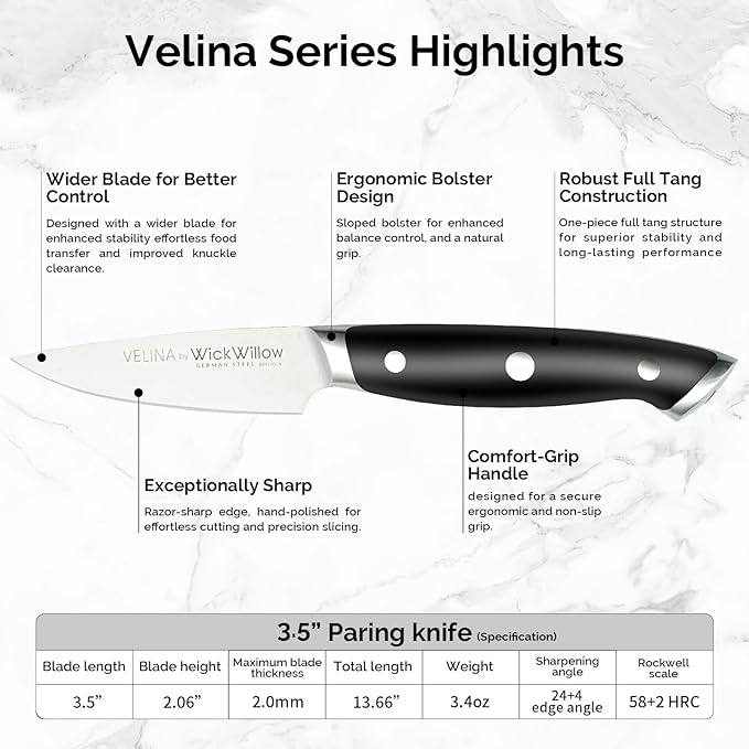 WICKWILLOW 3.5" Paring Knife – Razor Sharp German Steel – Small Kitchen Knife for Peeling, Trimming & Precision Work – Full Tang & Ergonomic Handle – Gift Box – Velina Series