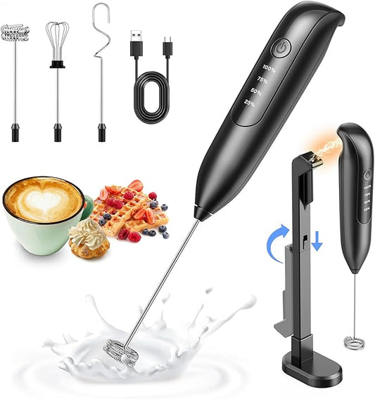 Electric Milk Frother Handheld: Rechargeable 3 in 1 - LED Digital Display with 3 Speeds Portable Stainless Steel Drink Foam Mixer for Milk Coffee, Lattes, Cappuccino, Matcha - Starlight Black