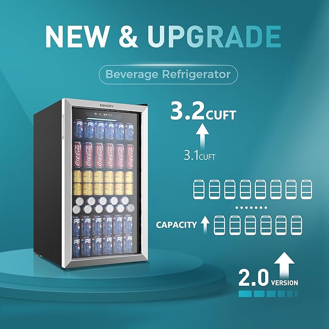 EUHOMY Beverage Refrigerator Cooler, 128 Can Mini Fridge with Glass Door for Soda Beer or Wine, Beverage Cooler for Home, Office, Bar with Adjustable Removable Shelves, Silver