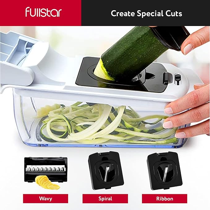 Fullstar Mandoline Slicer for Kitchen - Vegetable Chopper, Onion Potato Food Veggie Fruit Slicer and Cutter with Container, Kitchen Gadgets & Gifts, Home Essentials (All-in-1, White/Black)
