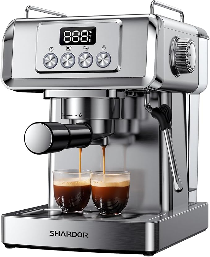 SHARDOR 20-Bar Espresso Machine for Home Barista, Espresso Coffee Maker with Temp Display, Built-In Steam Wand for Latte & Cappuccino, Stainless Steel, 1350W, 60oz Water Reservoir