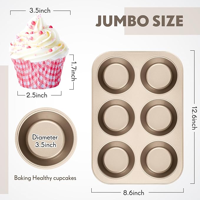 Blushtier 6 Pack Jumbo Nonstick Muffin Baking Pan Muffin Tins Heavy Duty Cupcake Tin Gold Carbon Steel Cup Cake Tray for Baking Cupcakes, Dishwasher Safe Small Muffins Tarts