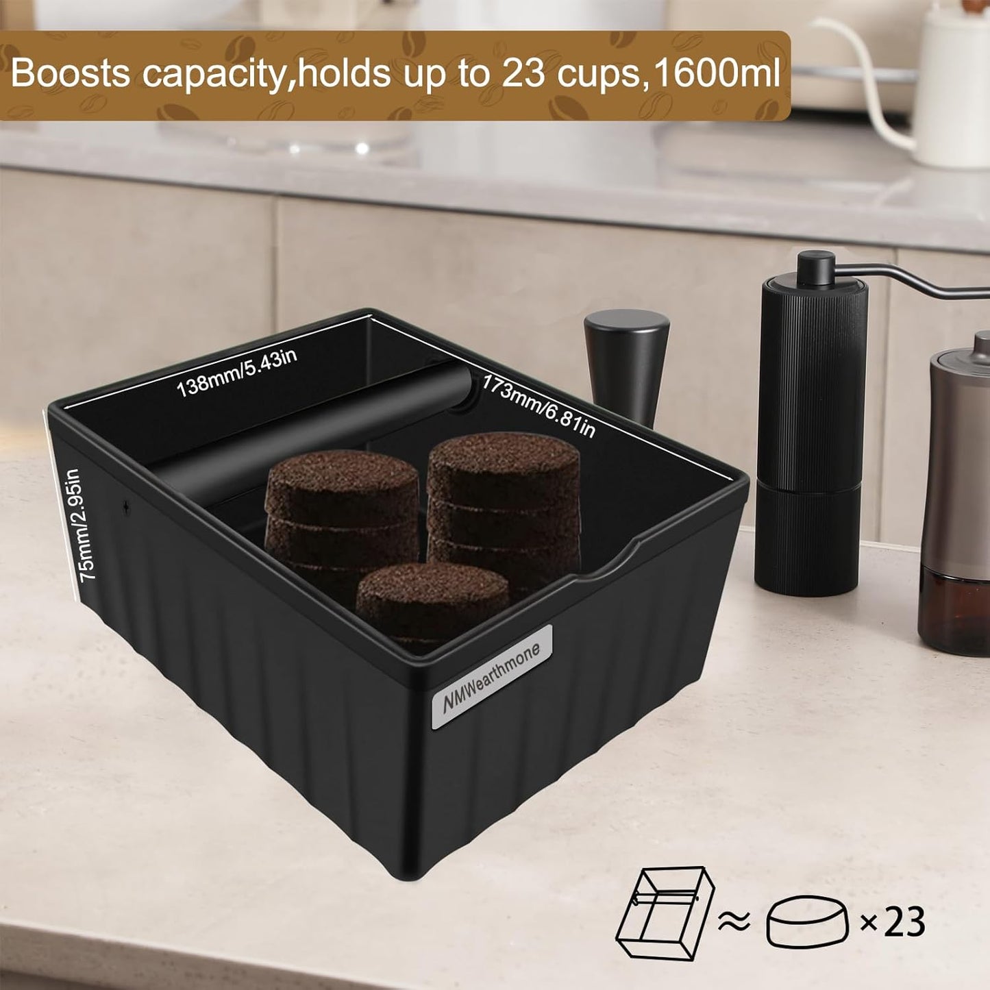 NMWearthmone Espresso knock box,Coffee grounds pucks knock box,Espresso Knock Box with Knock Bar and Non-Slip Rubber Base Knock Box,Shock-Absorbent Durable Barista Espresso Coffee Knock Box (Black)