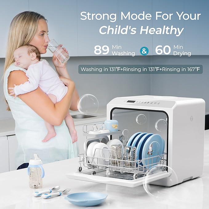 EUHOMY Countertop Dishwasher Portable with 6 Programs, 5L Built-in Water Tank for Apartments, 167℉ High-Temp, No Hookup Needed, Mini Dishwasher with Baby Care, Air Dry/Quick/ECO/Fruit/Normal, White