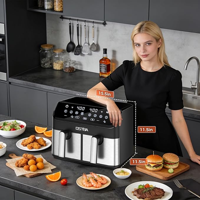 OSTBA 9.5QT Double Air Fryer, 1700W Dual Air Fryer with 2 Independent 4.25QT Stainless Steel Baskets, Digital Touchscreen, Sync Finish, 8 Presets, Auto Shutoff, Nonstick Dishwasher Safe