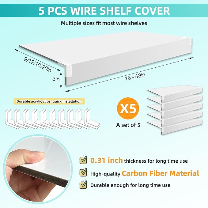 5 Pcs Wire Shelf Cover, 33X16X3 Inch Carbon Fiber Material Shelf Covers for Pantry Shelves(Not Wood), Waterproof Removable Closet Shelving Liner for Home Kitchen,Office Organization - White