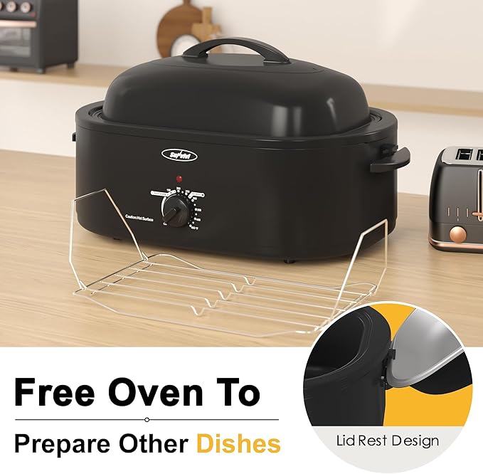 Royalcraft Roaster Oven with Self-Basting Lid, 18qt Electric Roaster with Removable Pan & Rack, Turkey Roaster Oven with Defrost & Warm Function, Stainless Steel, Black