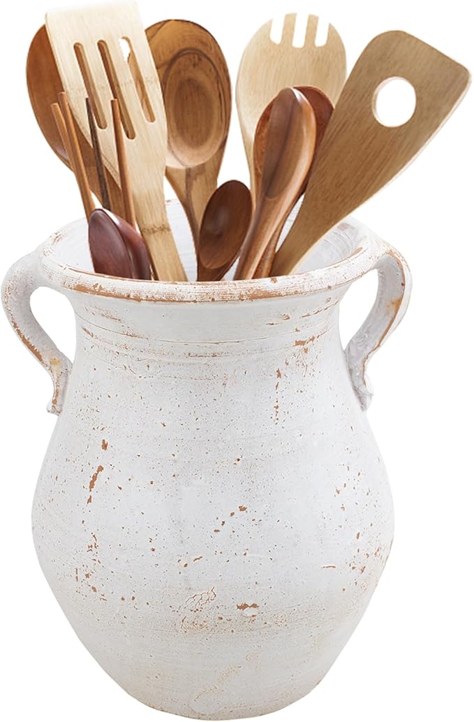 Rustic Kitchen Utensil Holder for Countertop, 7.6x4.9In Large Ceramic Cooking Utensil Crocks for Countertop, with non-slip pads, Morden Farmhouse Vintage Kitchen Counter Decor