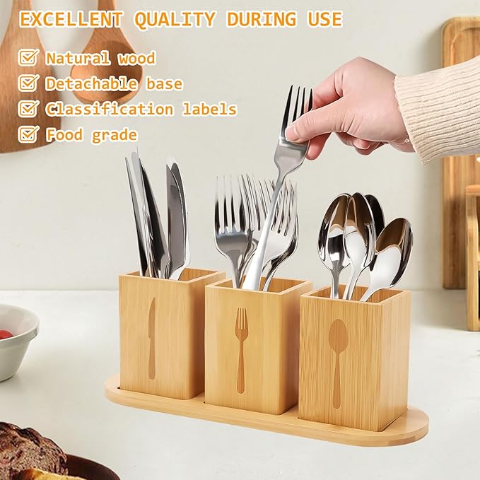 Qivine Acacia Wood Utensil Holder, Wooden Silverware Holder Countertop Utensil Organizer Silverware Organizer with Tray, Kitchen Utensil Organizers for Forks, Spoons, Knives (Bamboo)