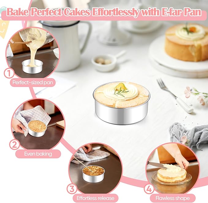E-far Small Cake Pans Set of 2, 5 Inch Stainless Steel Mini Round Baking Pan Tins - Non-Toxic & Leak-Proof Cake Mold for Smash Birthday Layer Tiered Cheesecake, Easy Clean & Dishwasher Safe