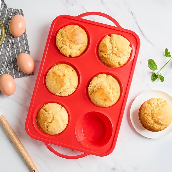 Puyeipt 2 Pack Jumbo Muffin Pans with Metal Frame, 6 Cup Large Cupcake Molds with Handles, Silicone Egg Bite Baking Trays, BPA Free & Non-Stick