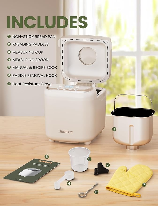 SUMSATY Bread Maker, 2.2LB 16-in-1 Bread Machine, Automatic Bread Maker Machine with Nonstick Pan & 15H Timer & 1H Keep Warm for Beginner, Breadmaker with Gluten-Free, French, Yogurt, Recipe