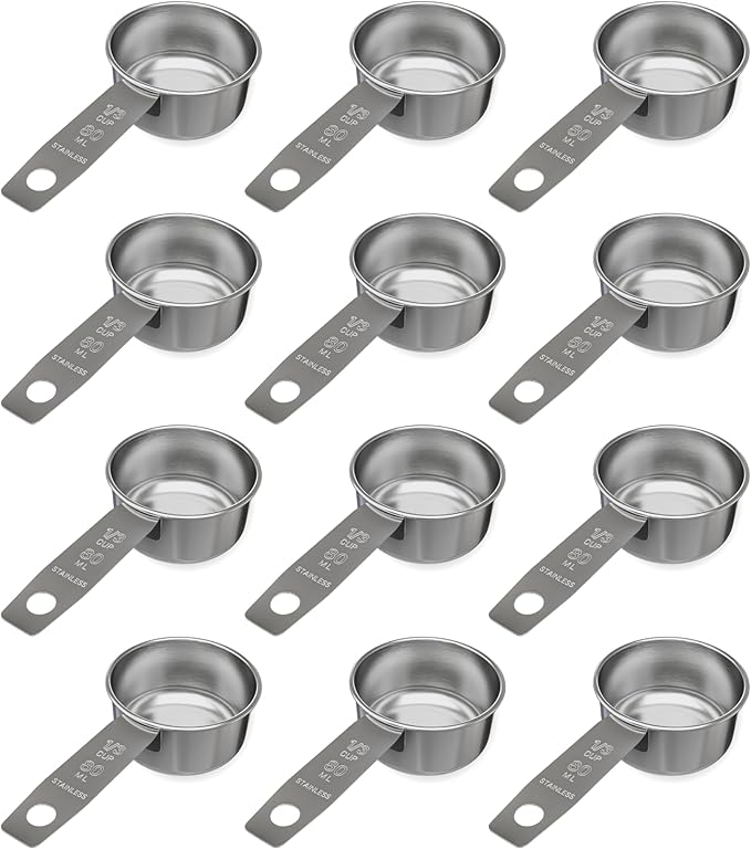 1/3 Cup Stainless Steel Measuring Cup | Sturdy Metal 80 ml | 80 cc | 3 oz | Single Cup for Wet and Dry Ingredients | Great for use as 1/3 Cup Dog Food Scoop - 12 PK