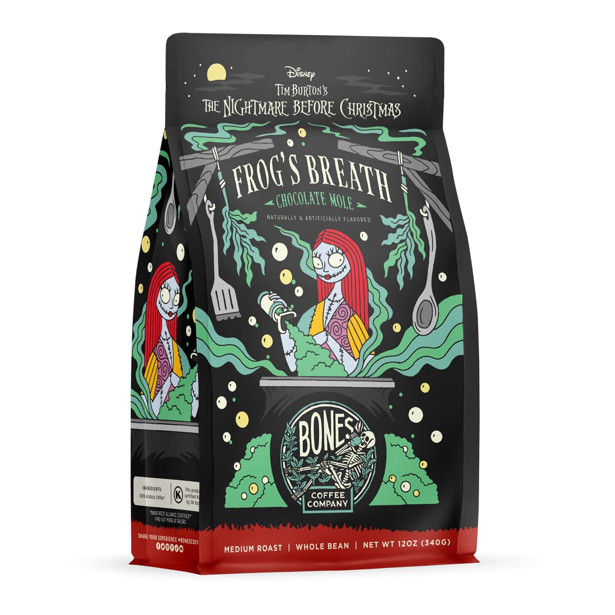 Bones Coffee Company The Nightmare Before Christmas Frog's Breath Flavored Coffee Beans, Whole Bean Coffee Medium Roast Low Acid, Chocolate Mole Flavor (12 oz)
