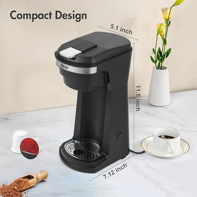 2 in 1 Single Serve Kcup Coffee Maker (6-14Oz), 800W Fast Brew, Compact Design with Reusable Filter, One-Button Auto Shut-Off, Travel Mug Fit, Compatible with K-Cup/Ground Coffee/Tea, Black