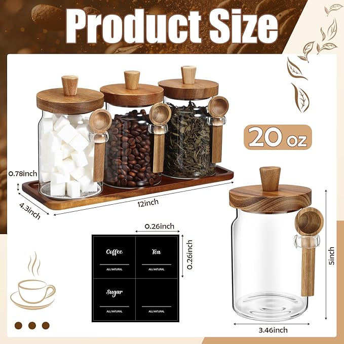 Suclain 3 Pcs Glass Coffee Container with Wooden Lid Spoon Shelf Labels Clear Airtight Jar Food Storage Canister Set for Sugar Spice Coffee Bean Holder Housewarming Gift(20 oz,Acacia Brown)
