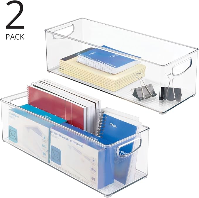 mDesign Plastic Office Supply Organizer - Storage Holder Bin with Handles for Desk Drawer, Cabinet - Pencil, Pen, Envelope and Supplies Container Basket - Ligne Collection - 2 Pack - Clear