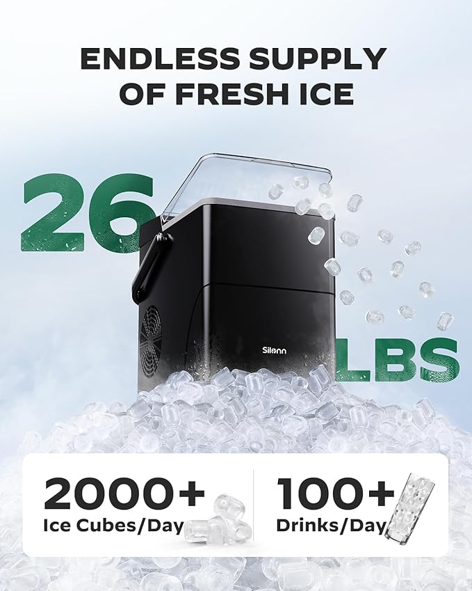 Silonn Countertop Ice Maker with Expanding Ice Basket, 9 Cubes in 6 Mins, 2.5L Ice Basket, Self-Cleaning Ice Maker with LED Touch Control, 2 Bullet Ice Sizes for Home, Kitchen, Office