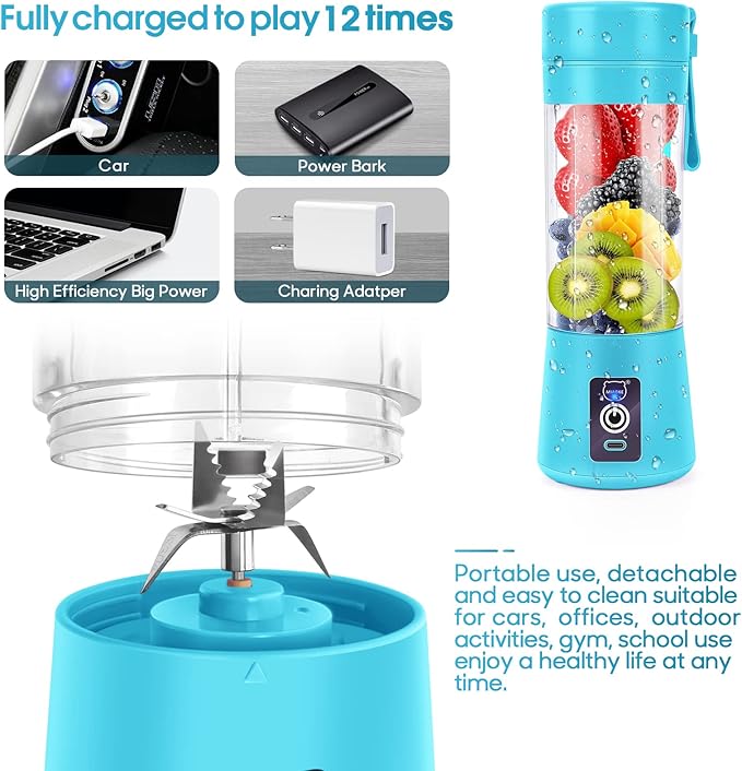 MIAOKE Portable Smoothie Blender, Personal Mini Juice Blender with Six Blades in 3D, USB Rechargeable Juicer Cup for Home/Office/Outdoors (Blue)