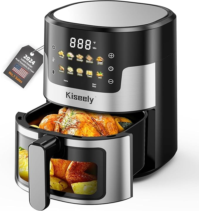 Air Fryer, 6 QT Air Fryers with Glass Touch Screen, Clear Windows, 10-in-1 Stainless Air Fryer Oven with Auto Shut-Off Time & Temperature Control for Roast, Bake, Broil, Keep Warm (BQ1)